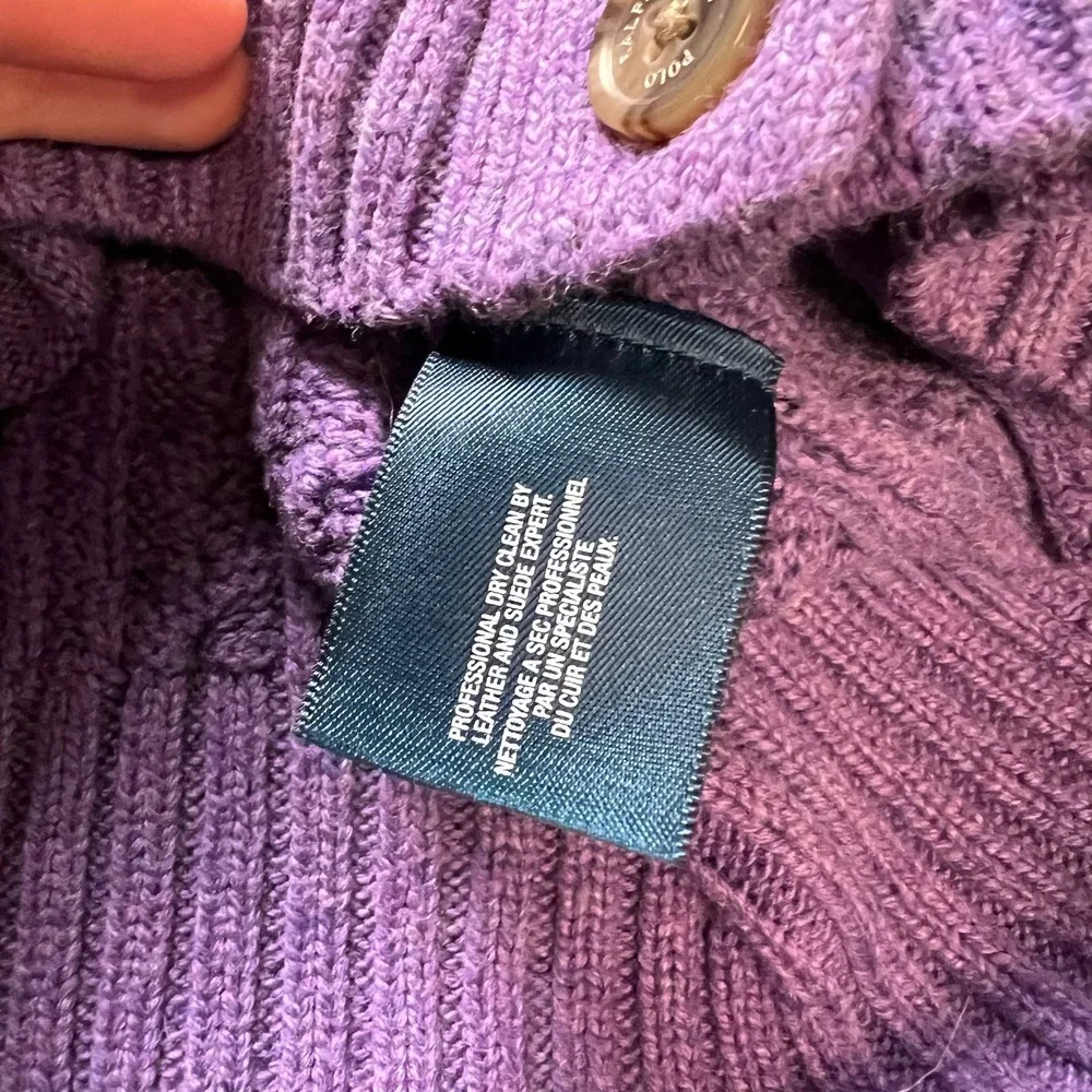 Ralph Lauren Cardigan Girls L 12/14 Purple Cable Knit Suede Elbow Patch Sweater